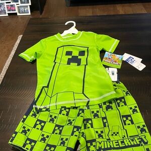 Boys Minecraft Swimsuit Swim Trunks Rash Guard Set Shorts Shirt Creeper size 4
